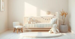 A serene nursery with soft pastel tones and a crib surrounded by gentle toys, symbolizing new beginnings.