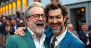 A playful scene of two actors sharing a light-hearted moment at a film premiere, surrounded by a vibrant ambiance.