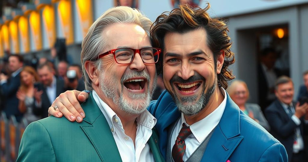 A playful scene of two actors sharing a light-hearted moment at a film premiere, surrounded by a vibrant ambiance.