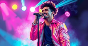 Bright digital artwork featuring a vibrant pop star on stage with a microphone and colourful lights.