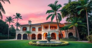A serene view of a luxurious Beverly Hills mansion surrounded by lush greenery, with a soft pink and purple sunset.