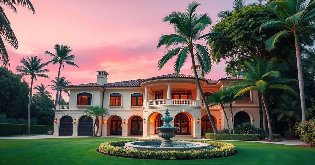A serene view of a luxurious Beverly Hills mansion surrounded by lush greenery, with a soft pink and purple sunset.