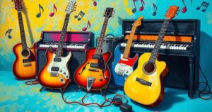 A vibrant musical scene featuring instruments and notes, representing the ups and downs of a singer's career journey.