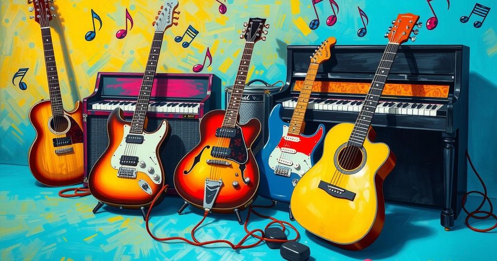 A vibrant musical scene featuring instruments and notes, representing the ups and downs of a singer's career journey.