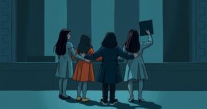 Solidarity among collaborators and friends supporting their peer in a dramatic courtroom setting with expressive tones.