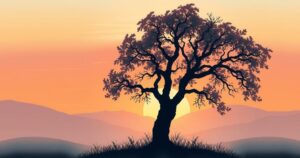 Sombre toned landscape with a silhouette of two intertwined trees symbolising a complex relationship and healing.