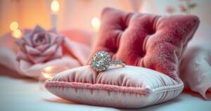 A sparkling diamond ring on a soft velvet cushion, symbolizing love and engagement, surrounded by soft pastel colours.