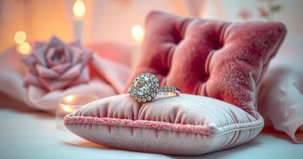 A sparkling diamond ring on a soft velvet cushion, symbolizing love and engagement, surrounded by soft pastel colours.