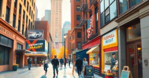 A scenic view of New York City, featuring iconic skyscrapers and a busy sidewalk, conveying an urban vibe.