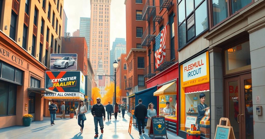 A scenic view of New York City, featuring iconic skyscrapers and a busy sidewalk, conveying an urban vibe.