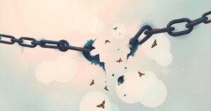 An abstract scene depicting separation, with broken chains and a faded romantic backdrop in soft pastels.