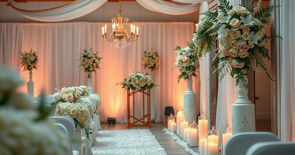 Peaceful wedding scene with elegant flowers and soft lighting, embodying a serene and intimate atmosphere