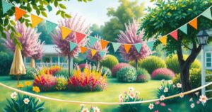 A beautifully decorated garden with bunting, showcasing a festive pre-Glastonbury atmosphere.