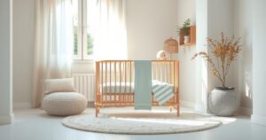 A serene pastel scene of a baby cradle under soft natural light, conveying joy and new beginnings.