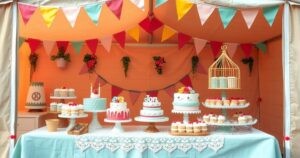 A bright, cheerful baking scene with colourful cakes and pastry items in a tent-like setting.
