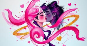 Vibrant depiction of Hollywood icons celebrating love and relationships in an abstract, colourful style.