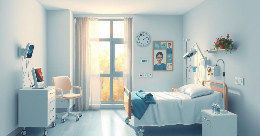 A serene hospital room with soft lighting, featuring a medical bed, essential equipment, and a window with sunlight.