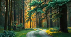 A serene forest scene depicting a smooth path lined with trees, evoking nostalgia and reflection.