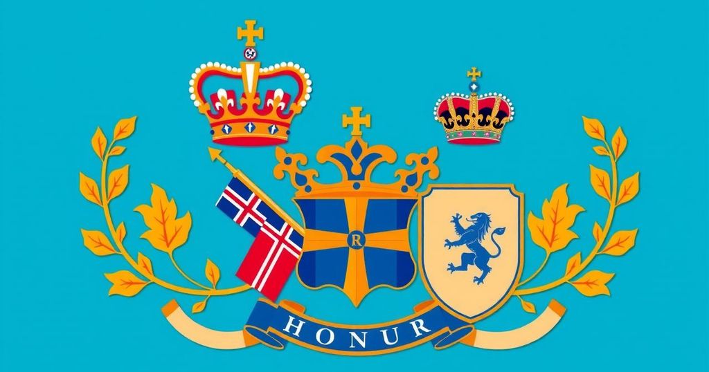 A digital illustration representing British honours, featuring a crown, a knight's insignia, and a vibrant blue background.