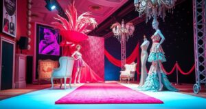 An artistic depiction of a glamorous red carpet event with abstract fashion elements and a vibrant colour palette.