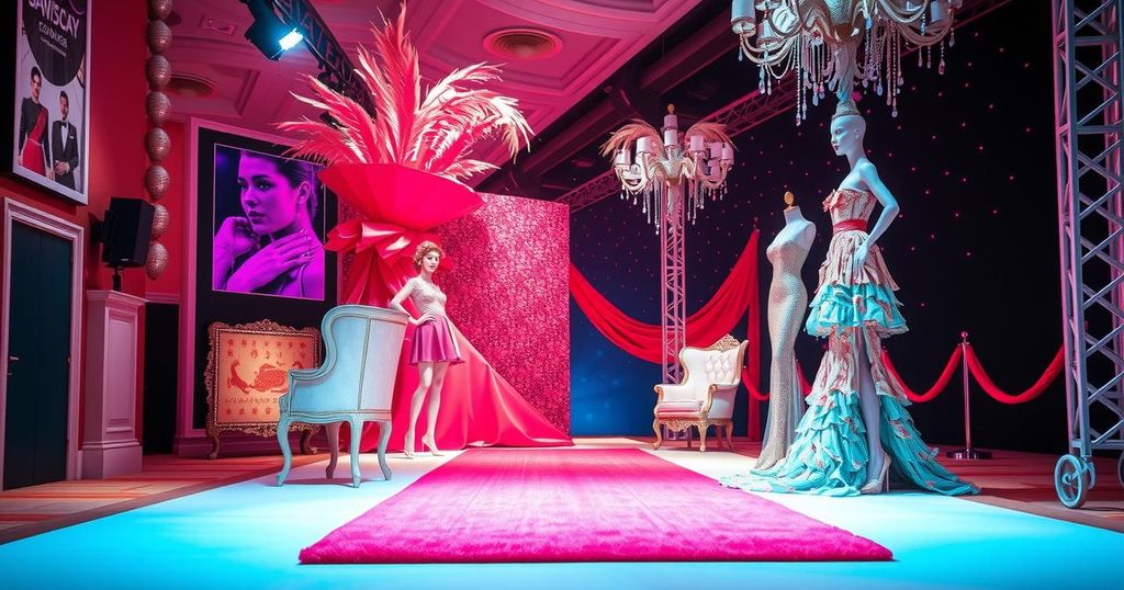 An artistic depiction of a glamorous red carpet event with abstract fashion elements and a vibrant colour palette.