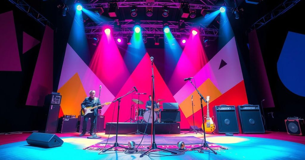 A vibrant stage set showcasing musical instruments and colourful lighting for a concert rehearsal.