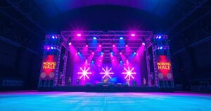 A serene concert stage with vibrant lights at night, symbolising a world tour ambiance without any performers.