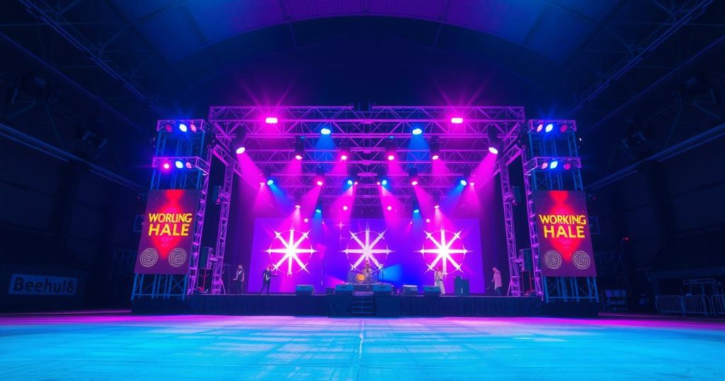 A serene concert stage with vibrant lights at night, symbolising a world tour ambiance without any performers.