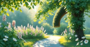 A serene garden scene with soft pastel flowers and a tranquil path, depicting peace and serenity in nature.