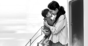 Black and white family scene on a boat, showcasing a tender moment between mother and child against a soothing backdrop.