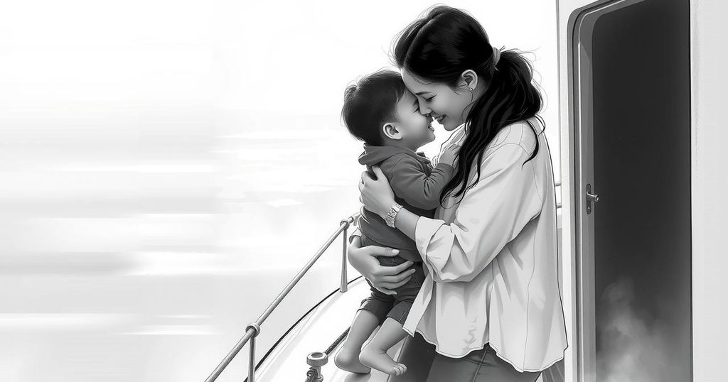 Black and white family scene on a boat, showcasing a tender moment between mother and child against a soothing backdrop.