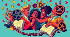 A vibrant gathering of artistic symbols representing Hollywood friendships and support among celebrities.