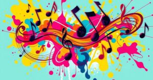 A celebratory scene featuring musical notes and abstract elements symbolising artistic freedom and ownership in vivid colours.