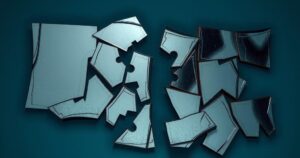 A fragmented mirror reflecting broken relationships, set against a dark blue colour palette, symbolising friendship rifts.