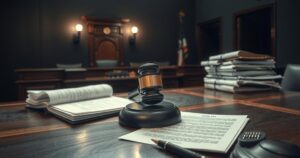 Court scene representing Sean Combs' trial with a focus on legal documents and a gavel, in dark colours.