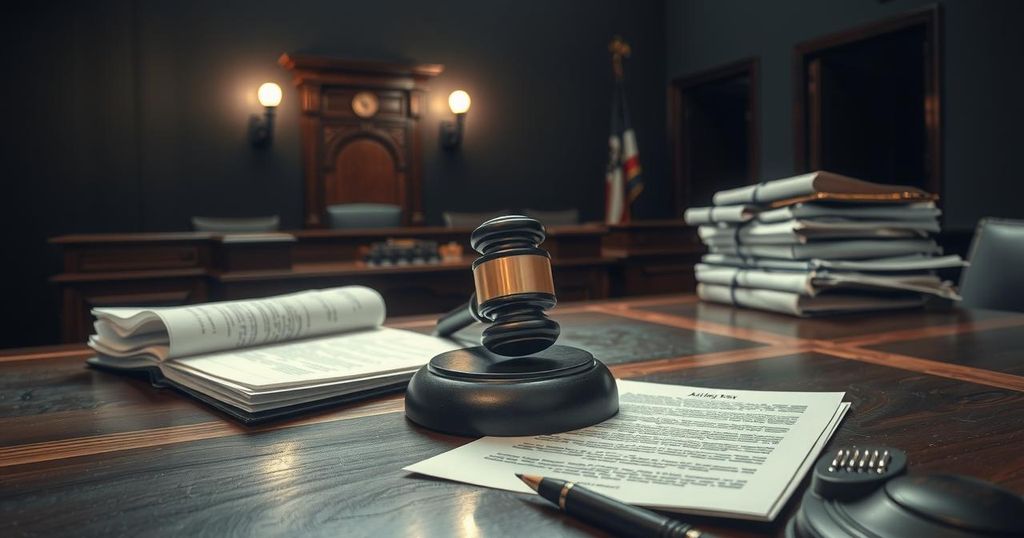 Court scene representing Sean Combs' trial with a focus on legal documents and a gavel, in dark colours.