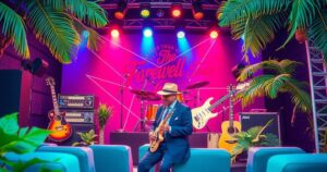 A vibrant scene depicting a tropical-themed farewell concert with colourful decorations and instruments.