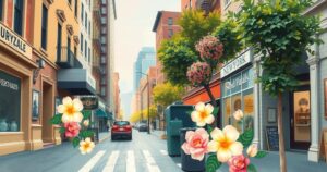 A scenic view of New York City with street elements and floral designs, presenting a cheerful atmosphere and vibrant colours.