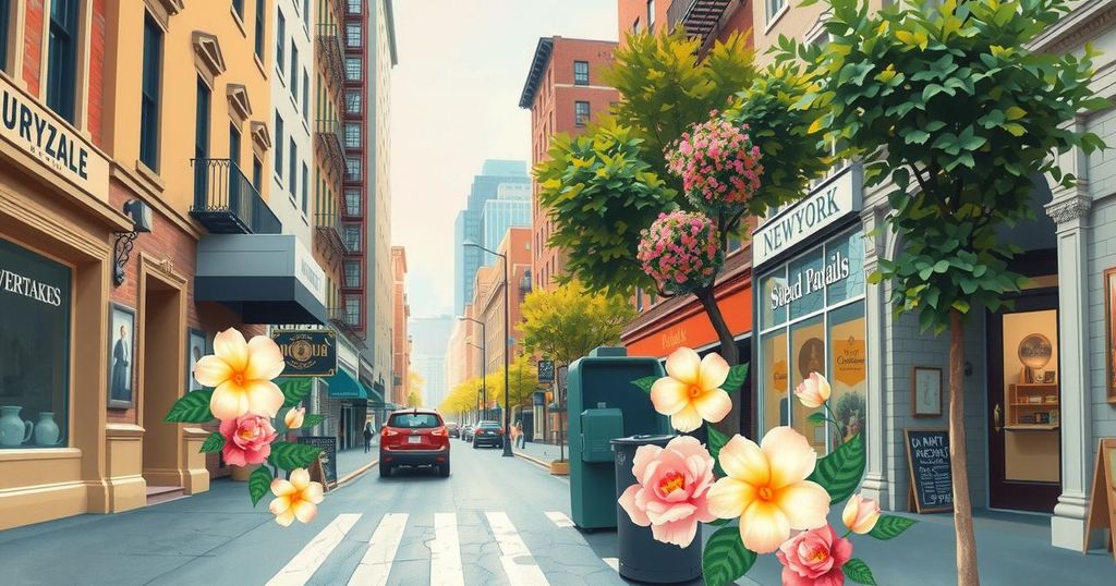 A scenic view of New York City with street elements and floral designs, presenting a cheerful atmosphere and vibrant colours.