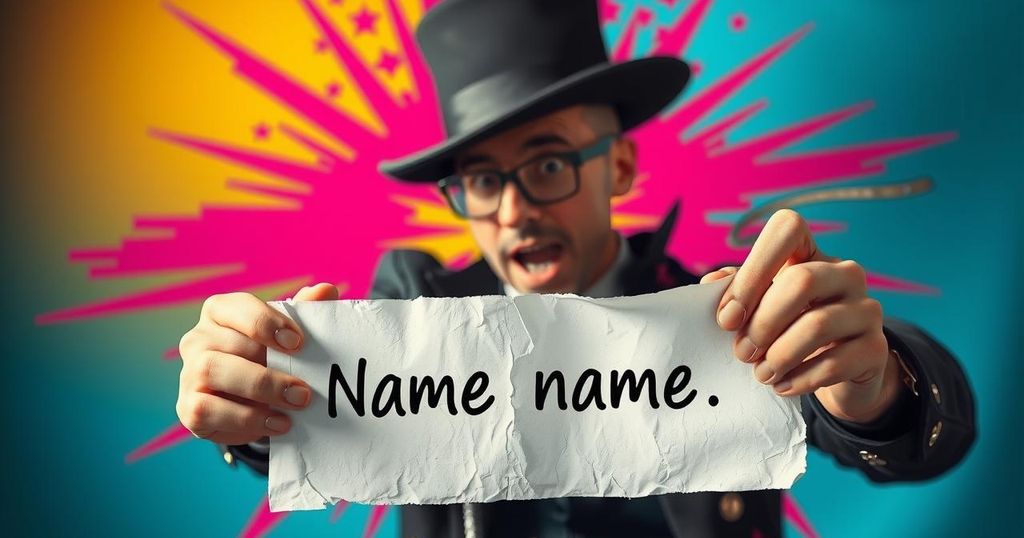 Magician revealing a name on paper with an astonished expression from an unseen viewer, mystical atmosphere.
