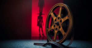 A dramatic film reel background with a spotlight and shadowy silhouettes, evoking celebrity intrigue.