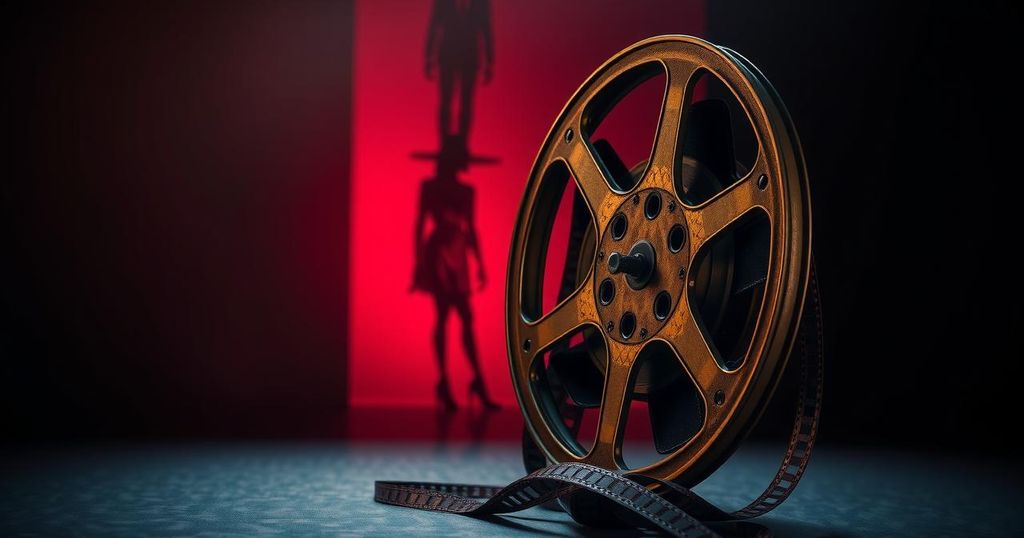 A dramatic film reel background with a spotlight and shadowy silhouettes, evoking celebrity intrigue.