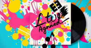 Vinyl album signed with black cursive and a playful message, surrounded by vibrant colours and music elements.