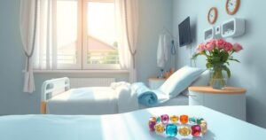 A tranquil hospital scene featuring a serene bedside with flowers, a bracelet, and gentle lighting.