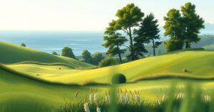 A serene landscape depicting a peaceful Irish countryside with vibrant green fields, trees, and a tranquil sea.