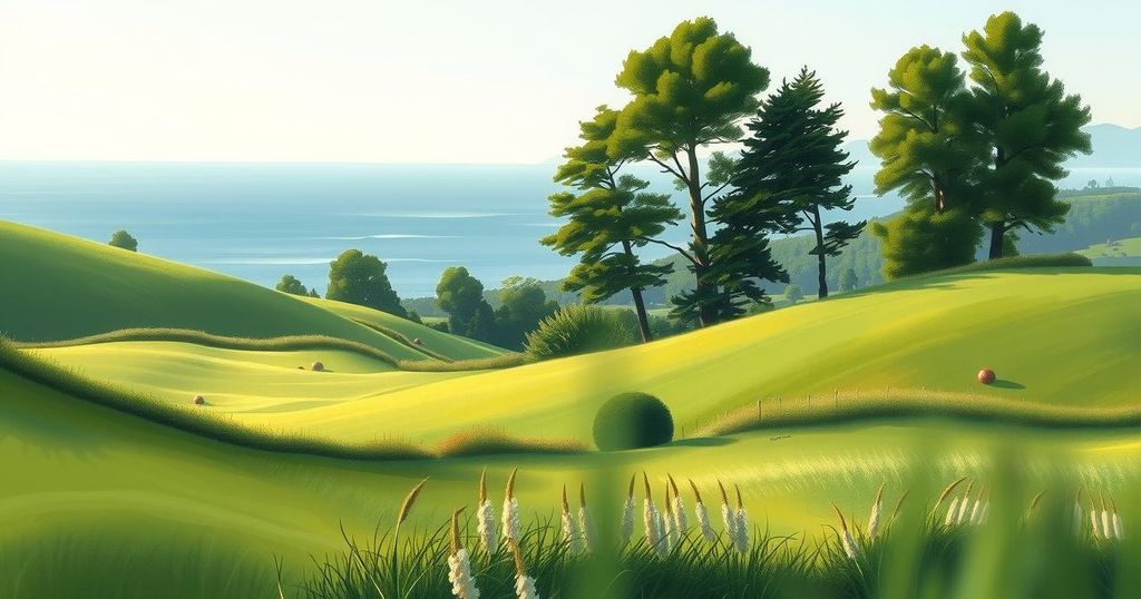 A serene landscape depicting a peaceful Irish countryside with vibrant green fields, trees, and a tranquil sea.