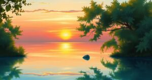 A serene landscape at sunset, featuring a calm lake reflecting hues of orange and pink, surrounded by lush trees.