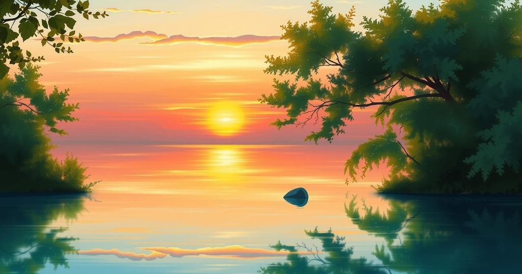 A serene landscape at sunset, featuring a calm lake reflecting hues of orange and pink, surrounded by lush trees.