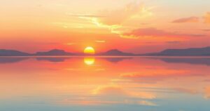 A serene landscape showcasing a sunset over a tranquil lake, in warm pastel colours, reflecting a comforting scene.