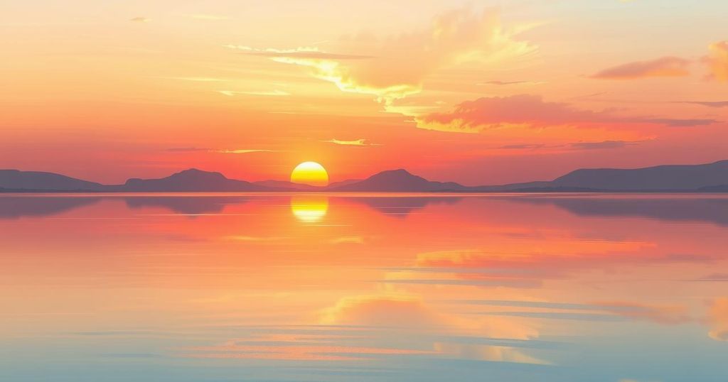 A serene landscape showcasing a sunset over a tranquil lake, in warm pastel colours, reflecting a comforting scene.